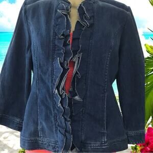 Chico's Womens Denim Jacket Ruffle Front Jean Jacket Size 1 Small  3/4 Sleeve